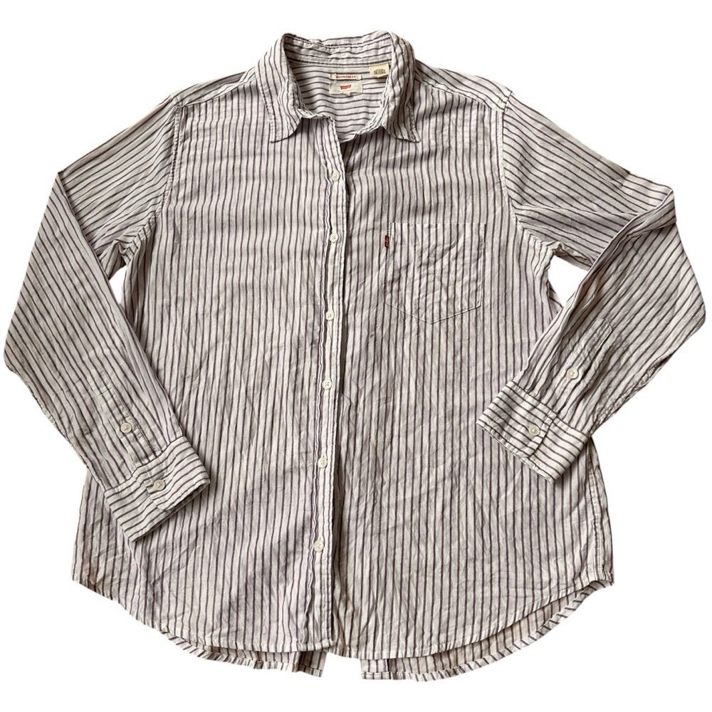 Levis Button Down Shirt Wmns Medium Purple White Striped Boyfriend Fit Excellent